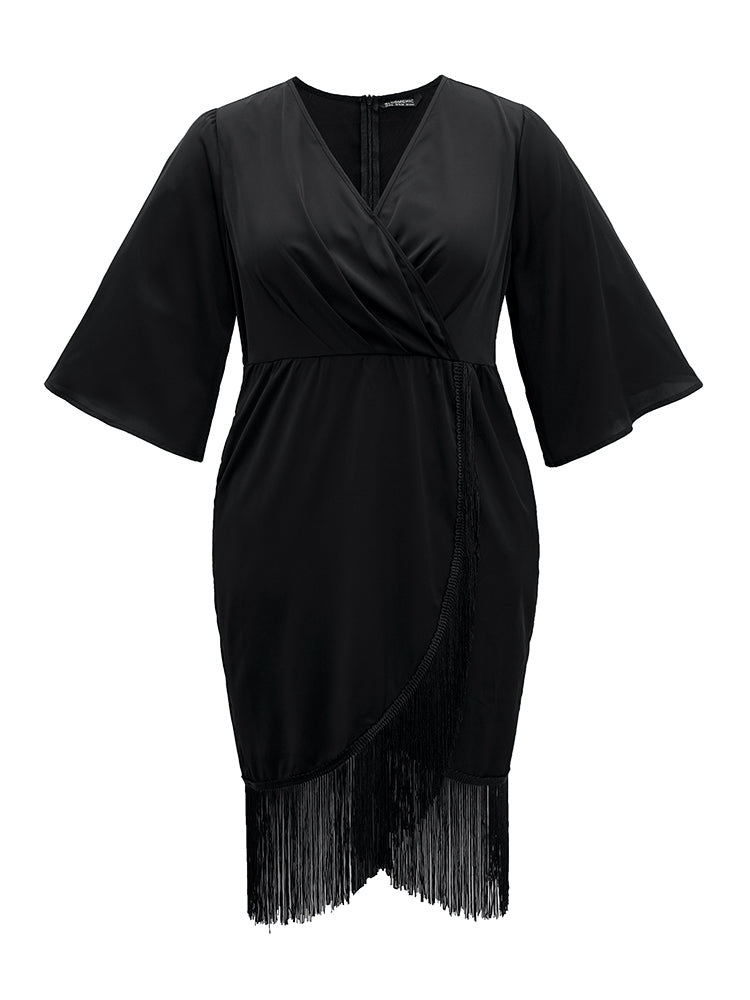Plain Wrap Tassel Trim Pleated Dress