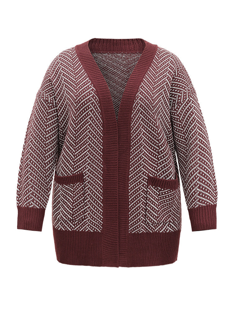 Jacquard Open Front Pocket Loose Cardigan