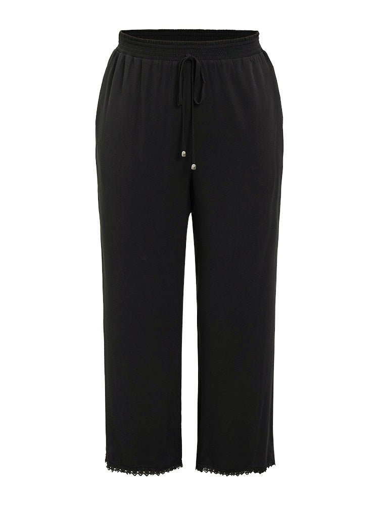 Plain Knot Shirred Waist Pocket Lace Hem Pants