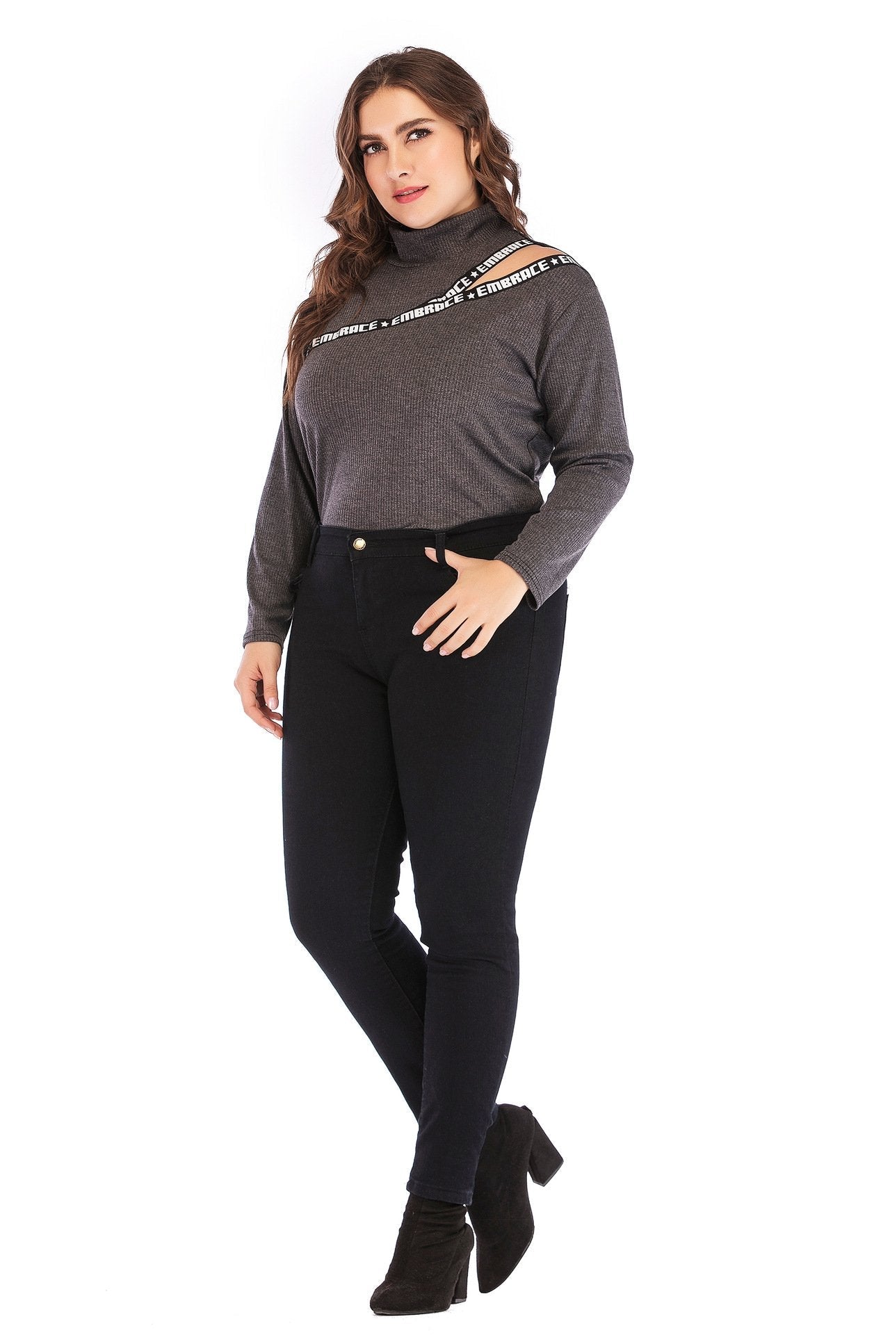 Letter Printed Hollow Out Turtleneck Knit Top