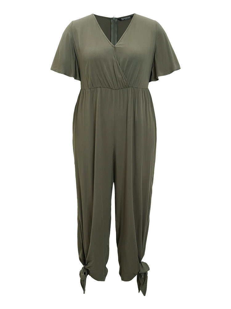 Plain Pocket Wrap Cut Out Knotted Hem Jumpsuit