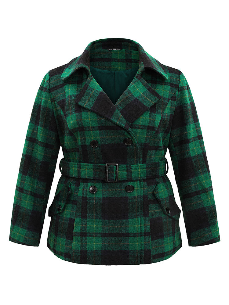 Double Breasted Lapel Collar Pocket Belted Jacket