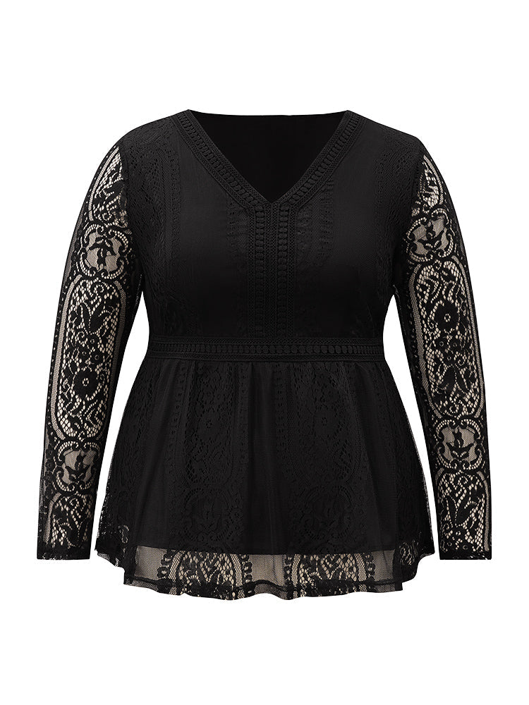 Solid Guipure Lace Mesh Elastic Waist Blouse