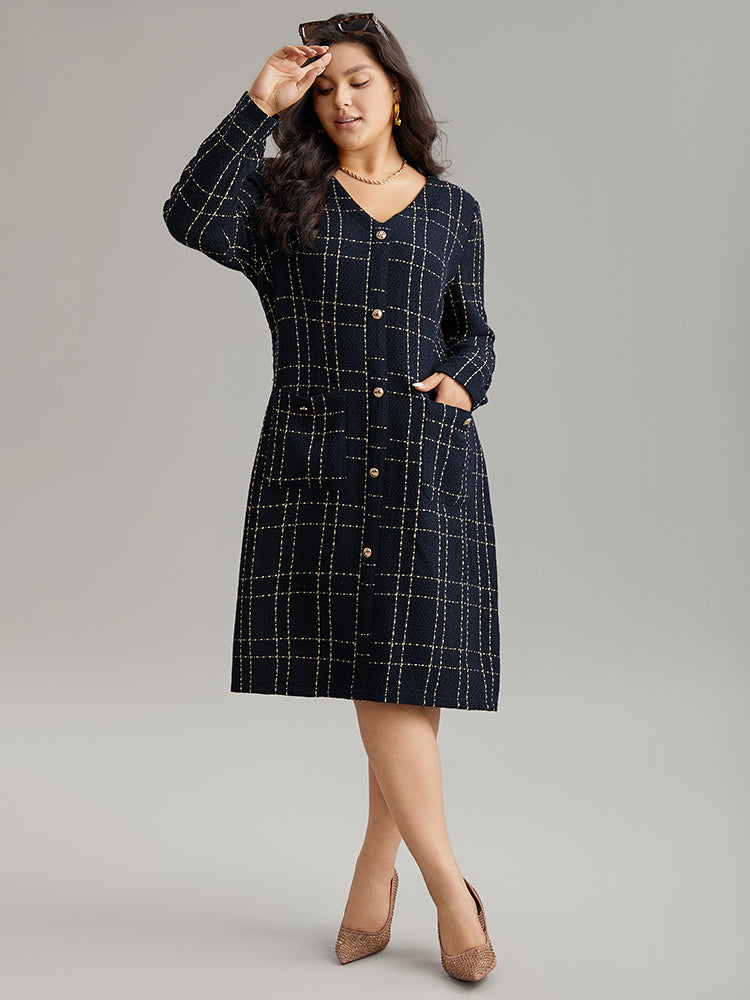 Solid Textured Metal Detail V Neck Dress