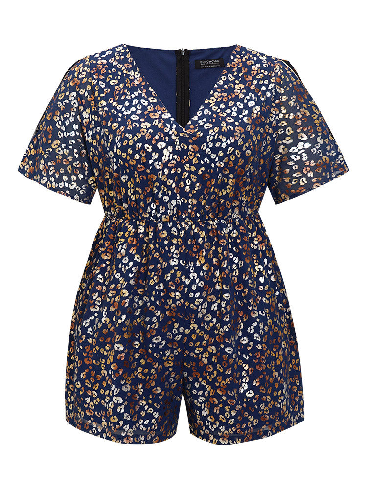 Leopard Glitter Zip Back Pocket Cold Shoulder Romper