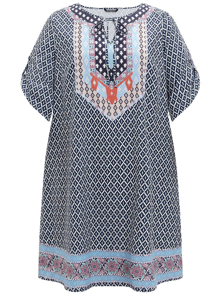 Bandana Print Pocket Button Knot Neck Dress