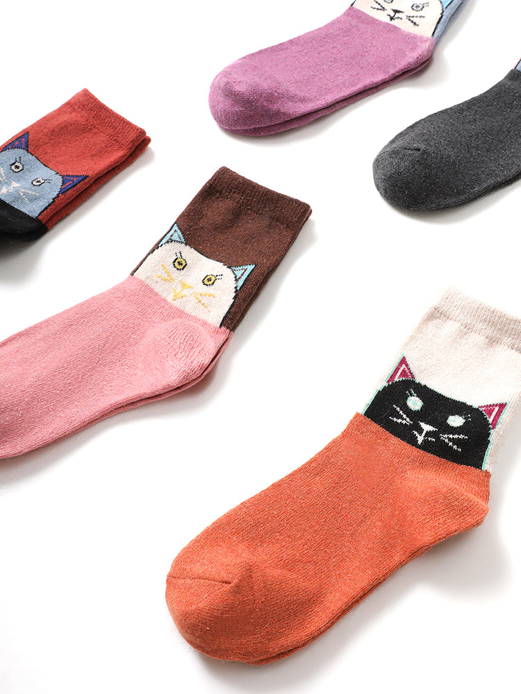 5 Pairs Cat Graphic Contrast Patchwork Socks