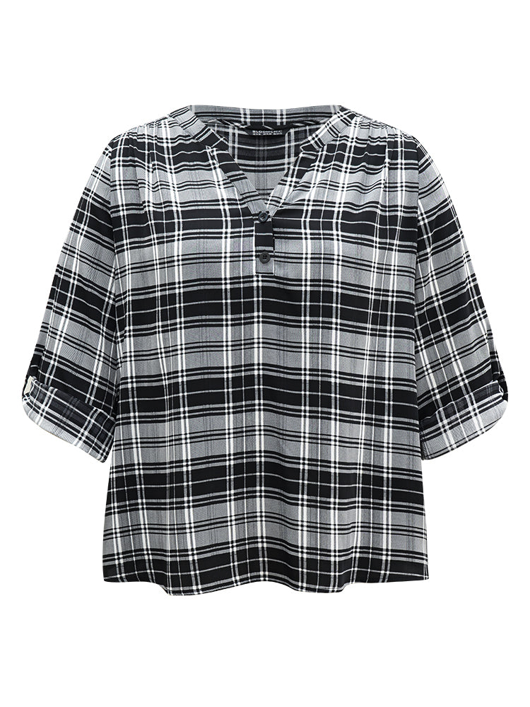 Plaid Notched Button Up Tab Sleeve Blouse
