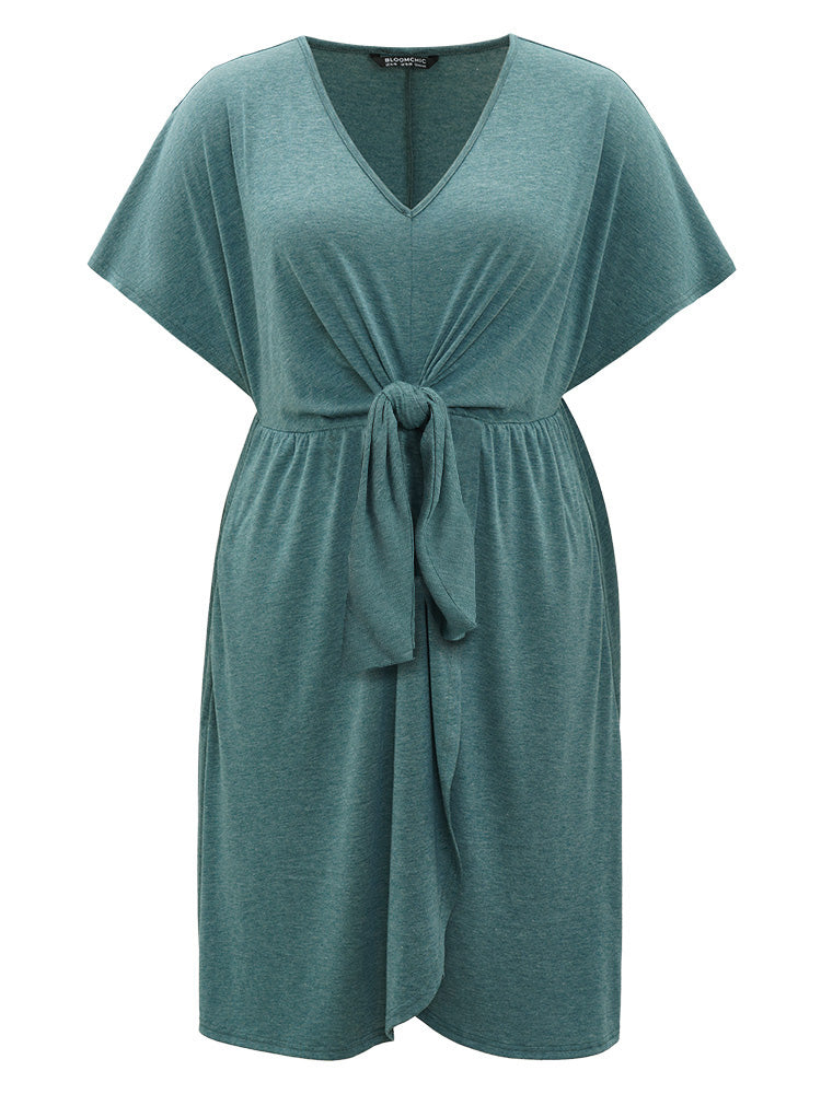 Plain Bowknot Pocket Wrap Hem V Neck Dress