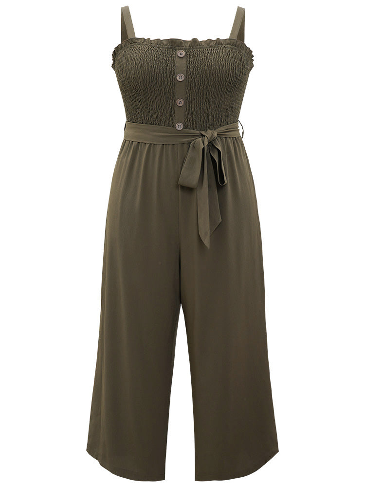 Shirred Frill Trim Belted Button Detail Cami Jumpsuit