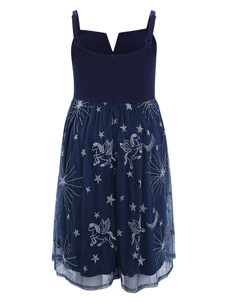 Star Embroidered Mesh Pocket Ruffles Notched Cami Dress