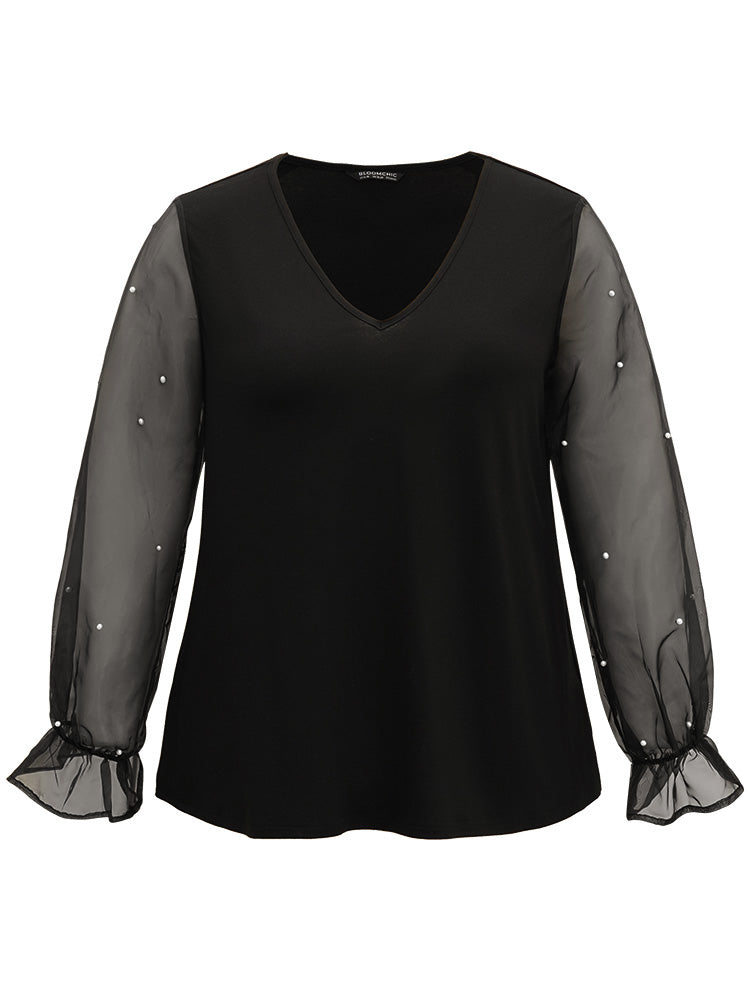 Pearl Beaded Mesh Patchwork T-shirt