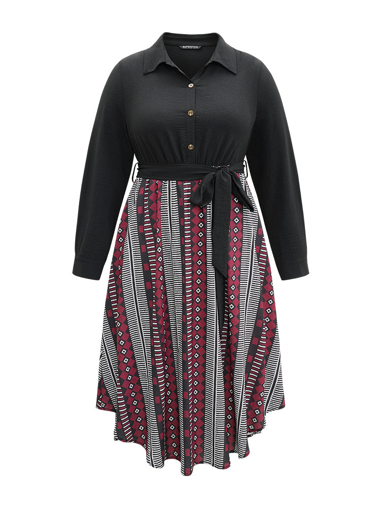 Geometric Belted Button Up Curved Hem Dress