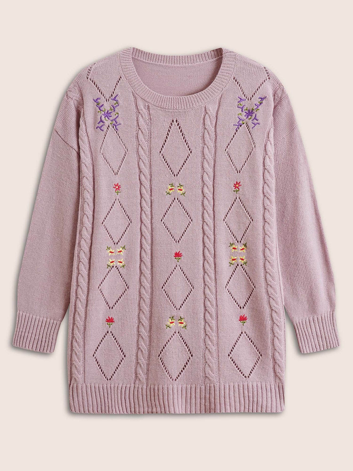 Floral Embroidered Geometric Hollow Out Cable Knit Pullover