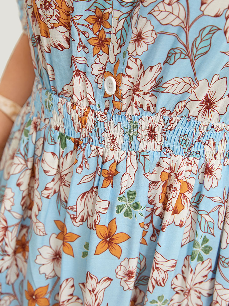 Bandana Shirred Ruffle Hem Pocket Button Detail Dress