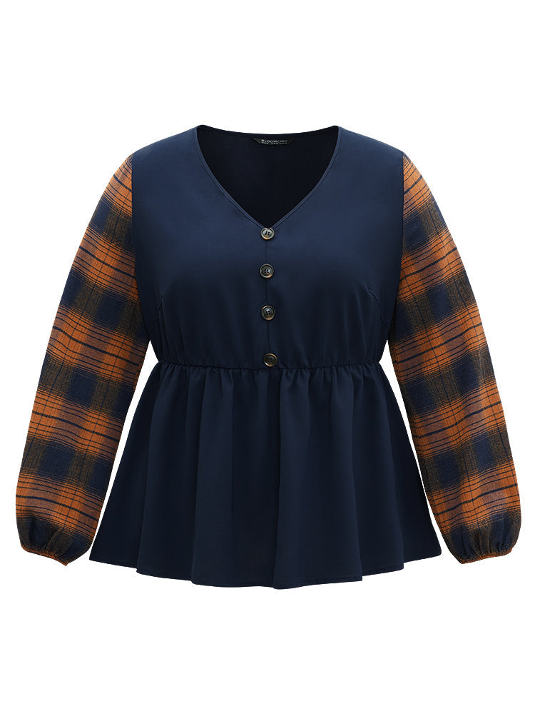 Halloween Plaid Patchwork Button Detail Elastic Waist Blouse