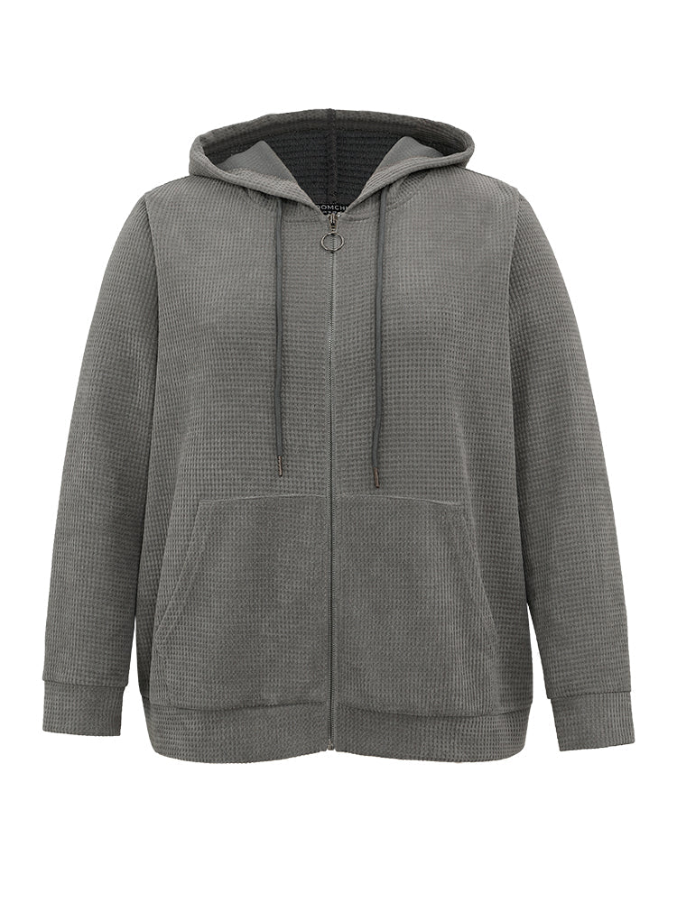 Waffle Knit Plain Hooded Pocket Thick Sweatshirt