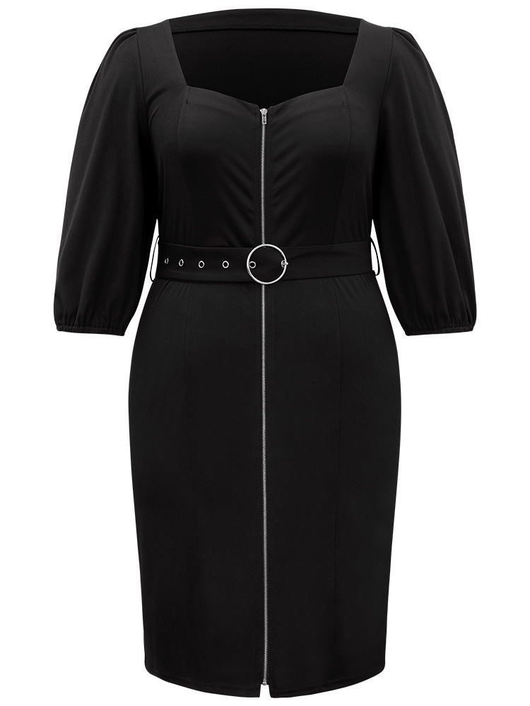 Plain Square Neck Belted Metal Detail Zipper Dress