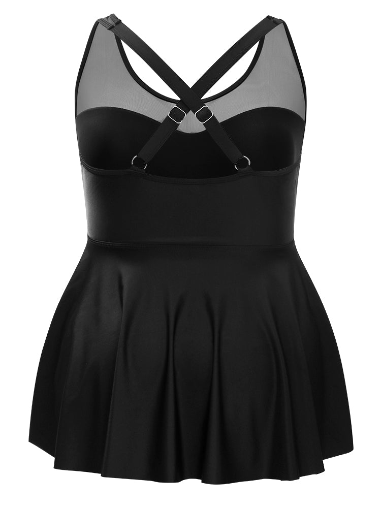 Ruffles Mesh Patchwork Crisscross Back Tankini Top