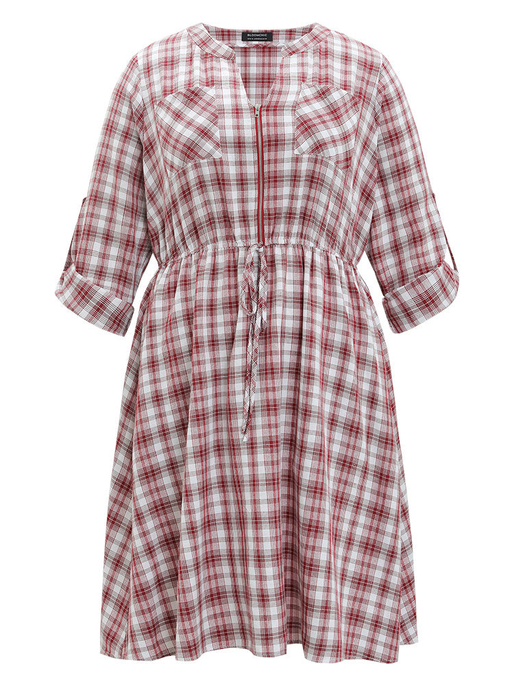 Plaid Drawstring Zipper Notched Tab Sleeve Dress