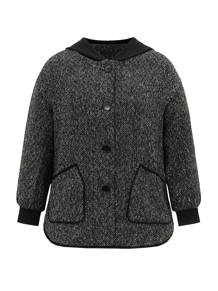 Tweed Pocket Button Through Hooded Coat