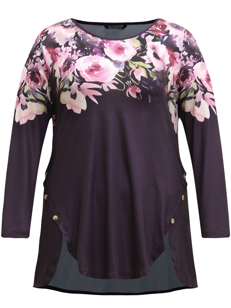 Floral Print Button Detail Arc Hem T-shirt