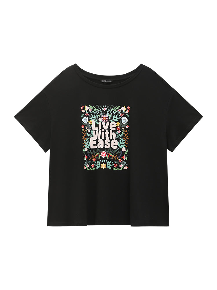 Floral & Slogan Print Slightly Stretchy Casual T-shirt