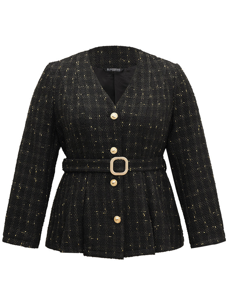 Tweed Metal Detail Belted V Neck Blazer