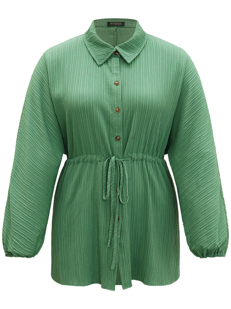 Plain Shirt Collar Drawstring Button Through Lantern Sleeve Coat