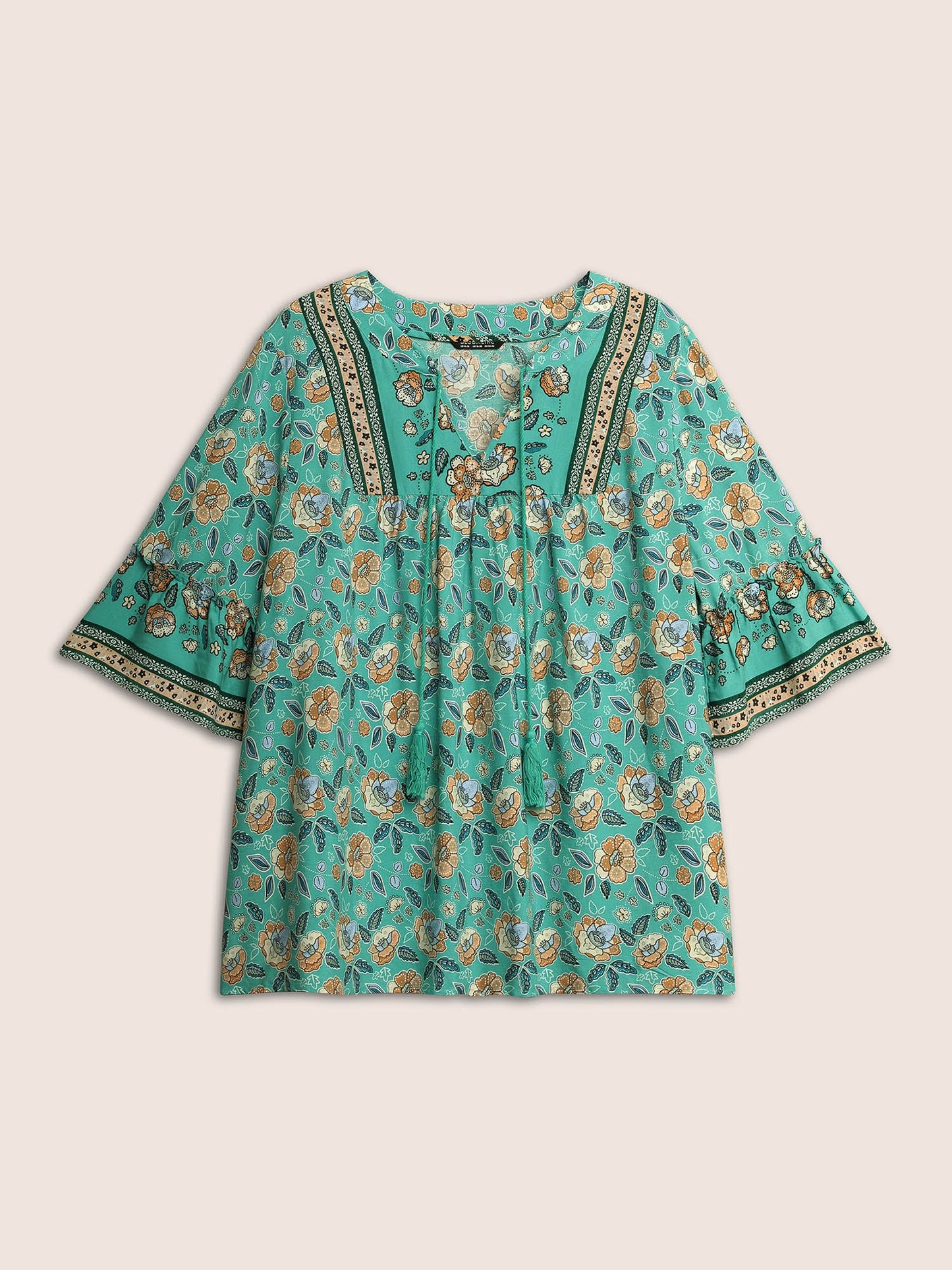 Boho Print Ruffles Tassel Trim Blouse