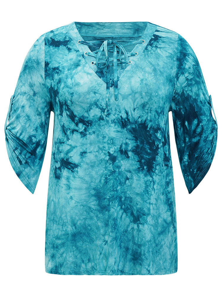 Tie Dye Roll Sleeve Lace Up T-shirt