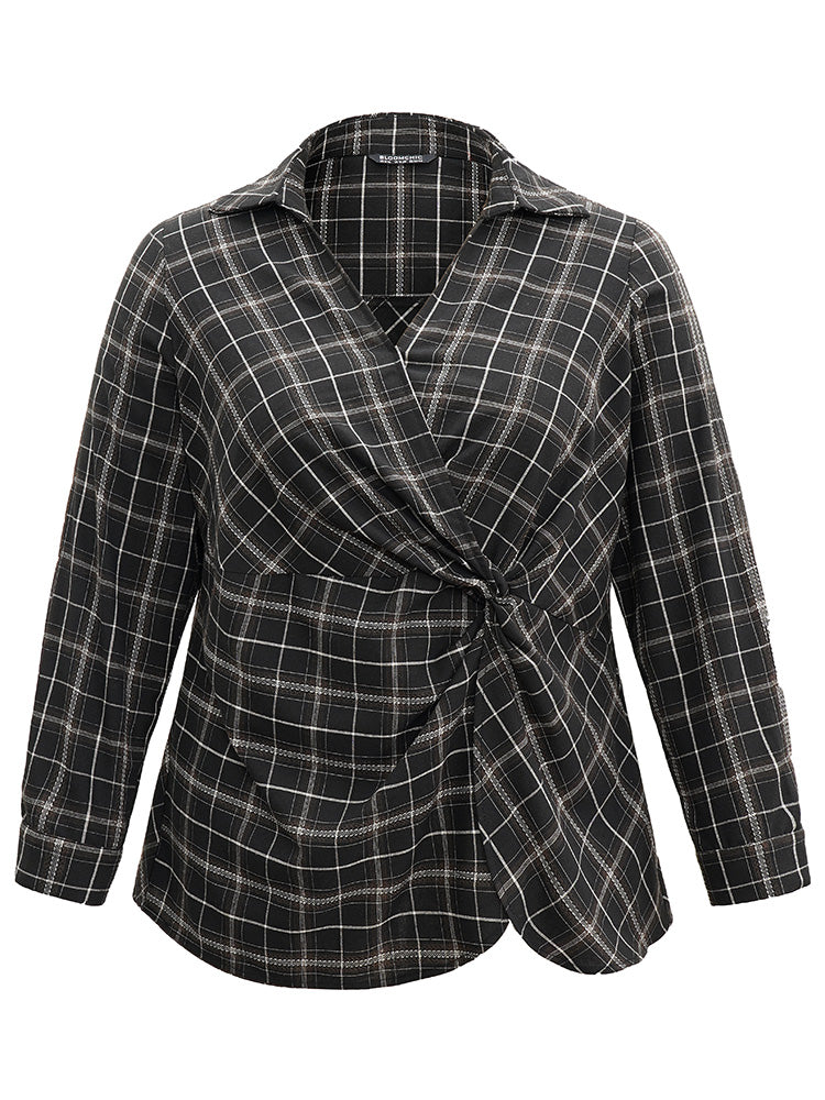 Plaid Shirt Collar Twist Front Blouse