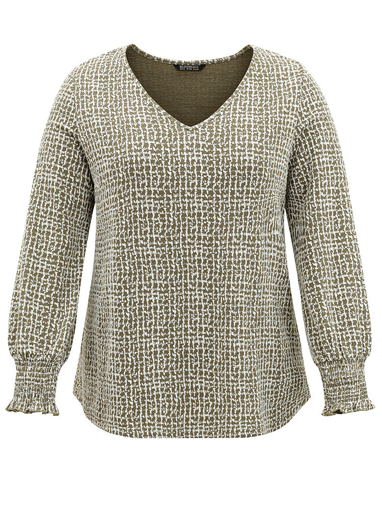 Rib Knit Shirred Texture V Neck T-shirt