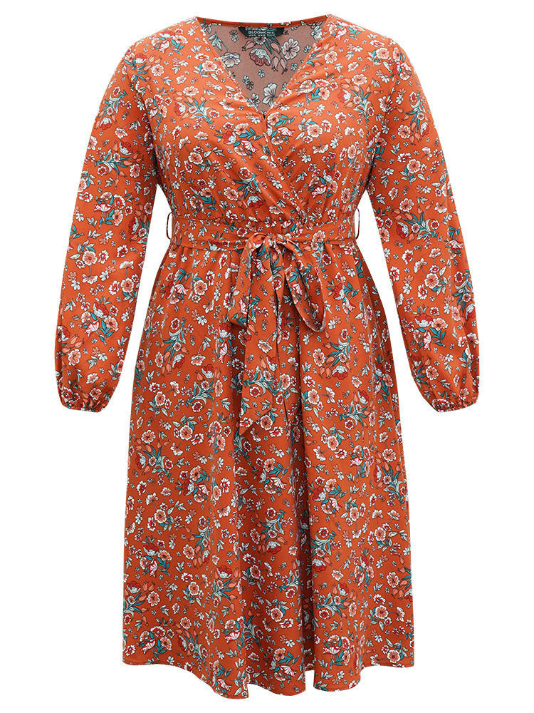 Floral Print Belted Elastic Cuffs Dress
