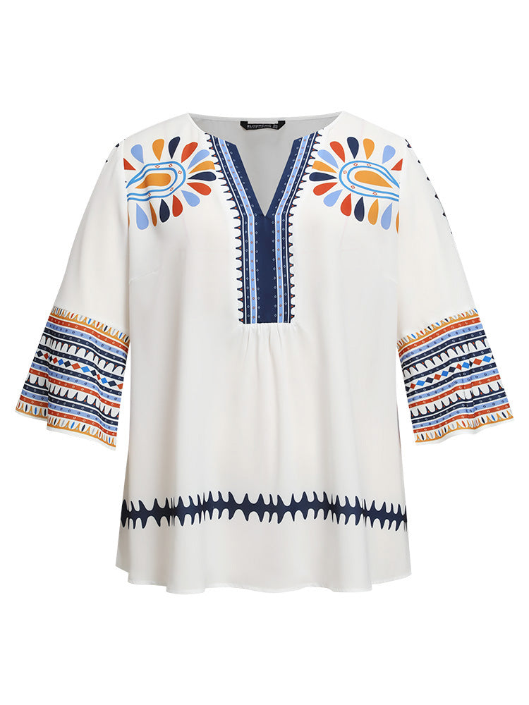 Bandana Notched Split Side Bell Sleeve Blouse