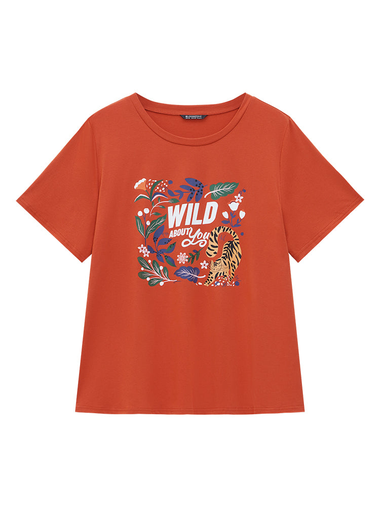 Plant & Cat Print Short Sleeve Drop Shoulder T-shirt