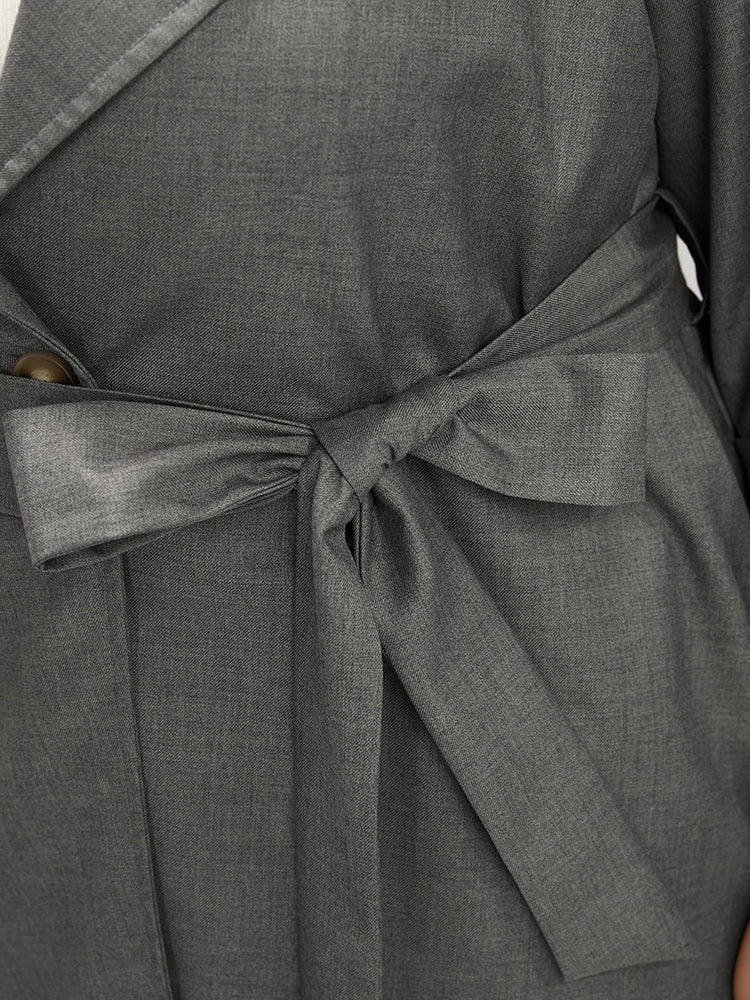 Plain Lapel Collar Pocket Roll Sleeve Belted Coat