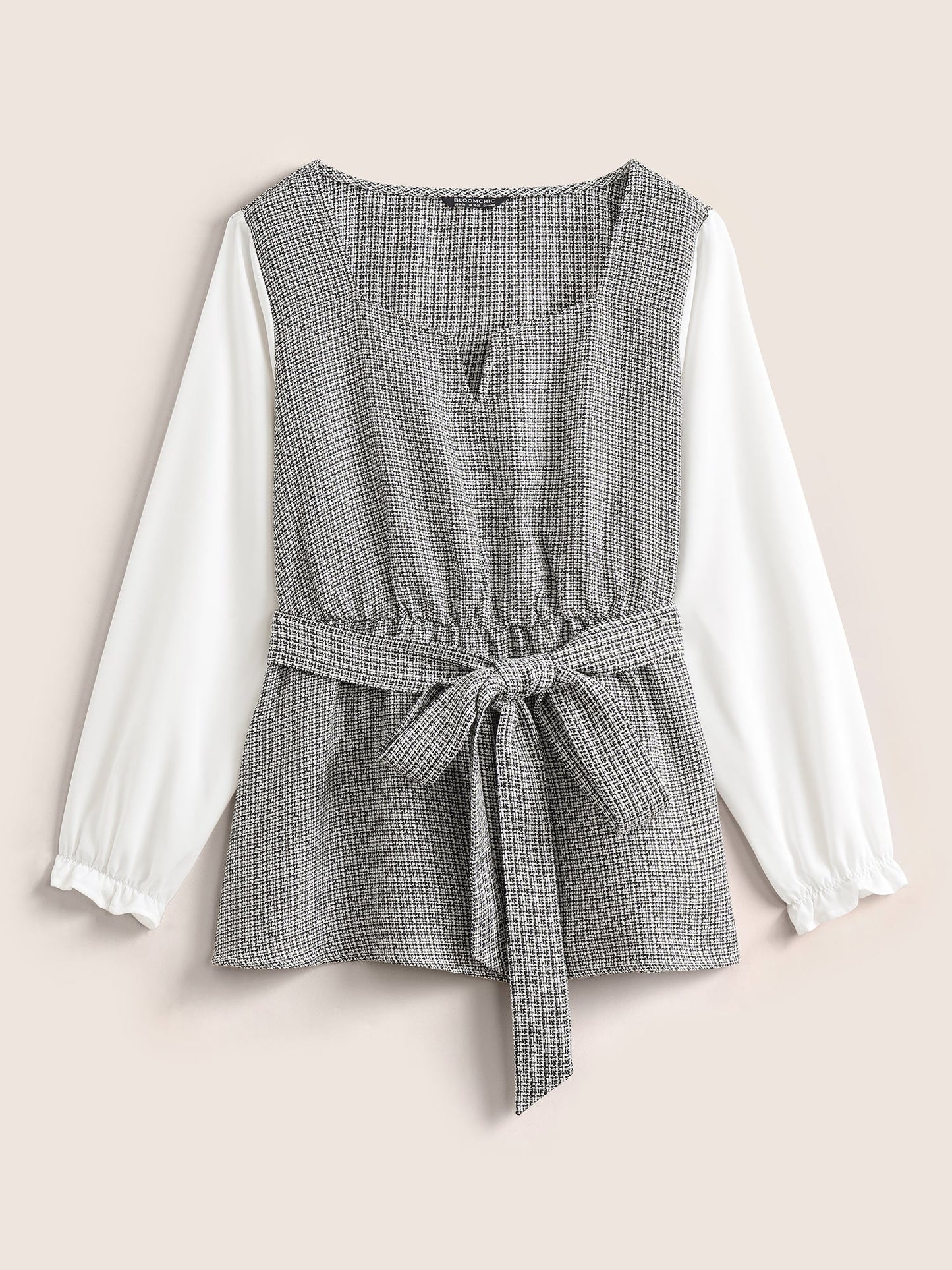Notched Tweed Patchwork Belted Blouse