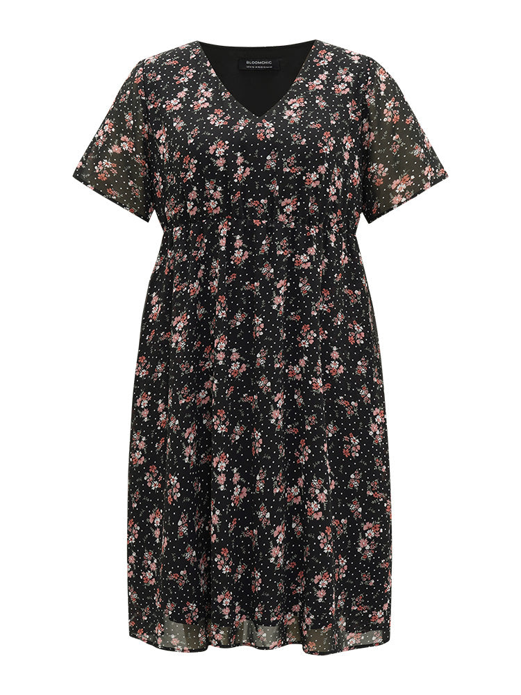 Polka Dot & Floral Print Pocket V Neck Dress