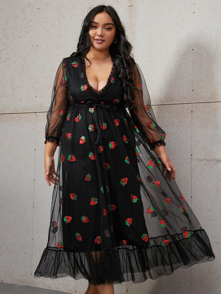 Fruit Print Lace Trim Sequin Dress