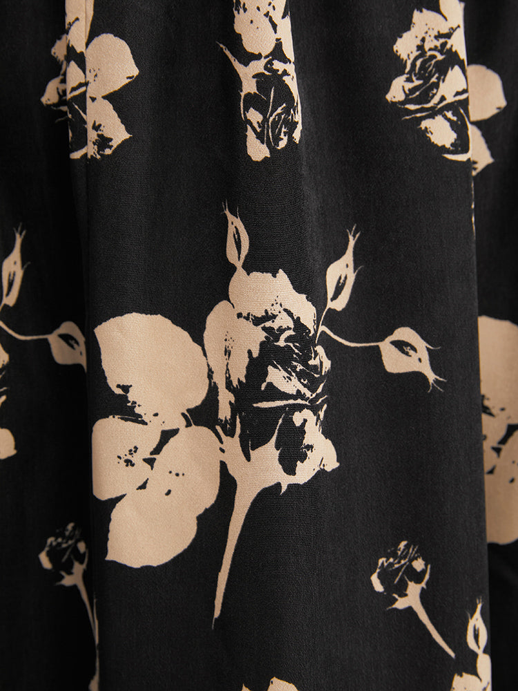 Floral V Neck Button Pocket Shirred Midi Dress