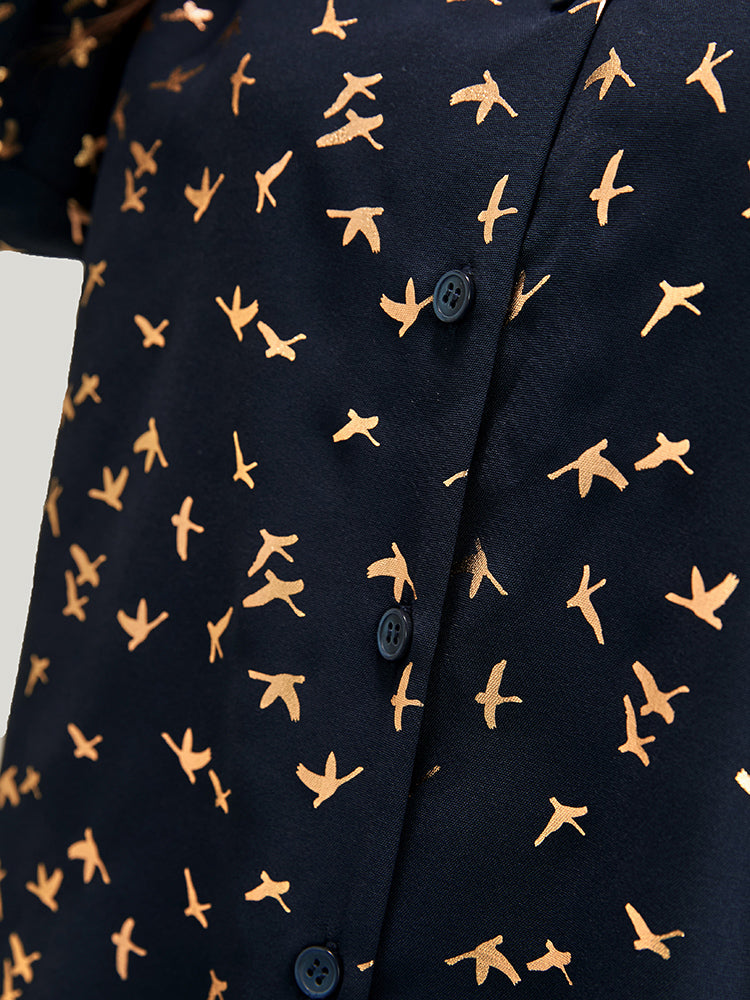 Bird Print Cuffed Sleeve Button Up Blouse