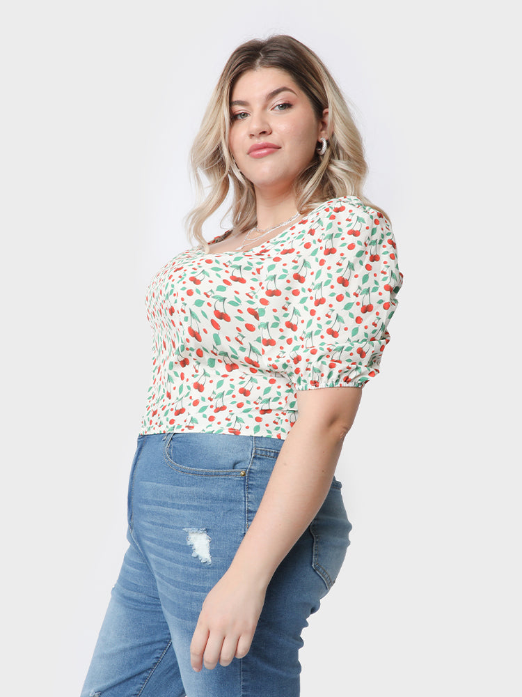 Cherry Print Square Collar Puff Sleeve Blouse