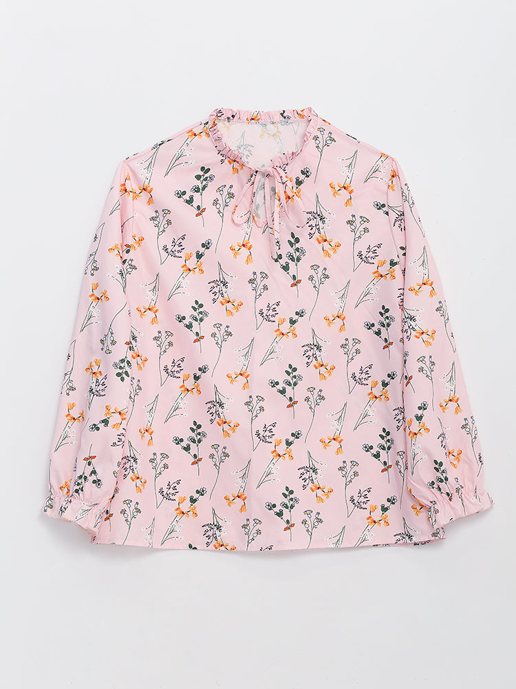 Ditsy Floral Shirred Knotted Blouse