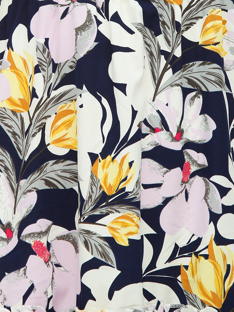 Mandarin Collar Ruffled Floral Dress