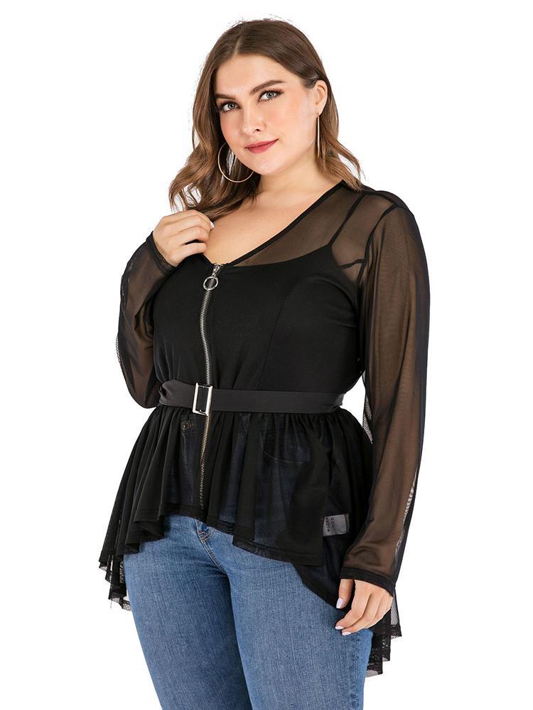 Ruffle Hem Zipper Up Belt Sheer Jacket