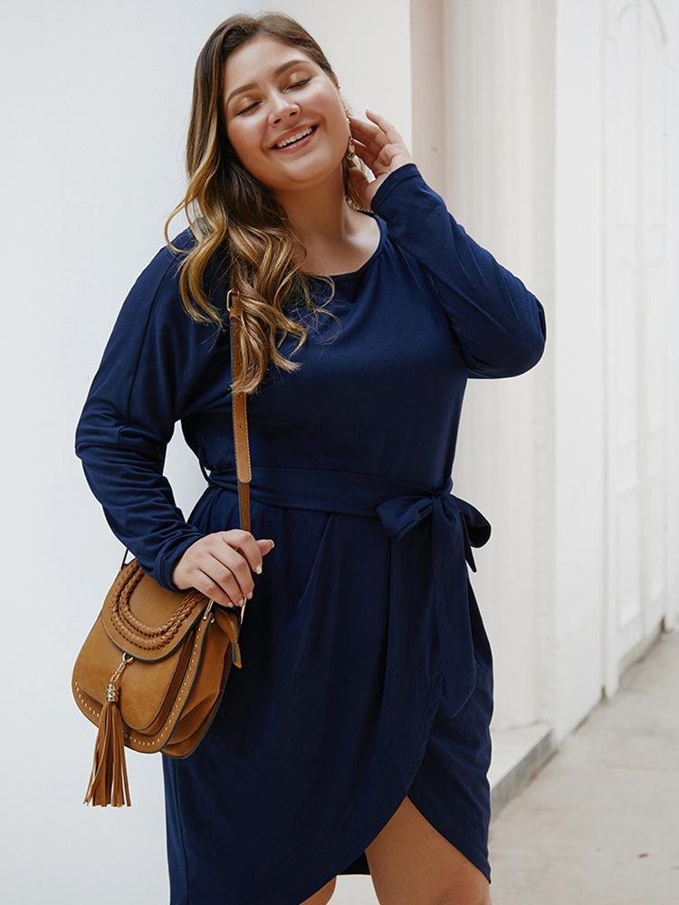 Solid Color Belt Irregular Hem Dress