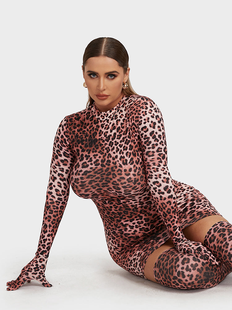 Leopard Glove Sleeve Dress With Knee Socks