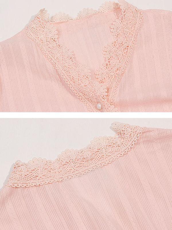 Lace Placket V-neck Blouse