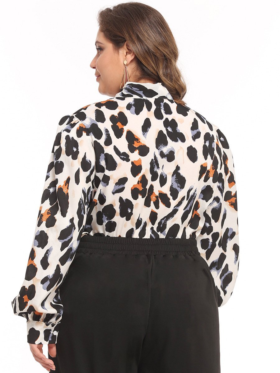 Leopard Printed Tie Collar Blouse